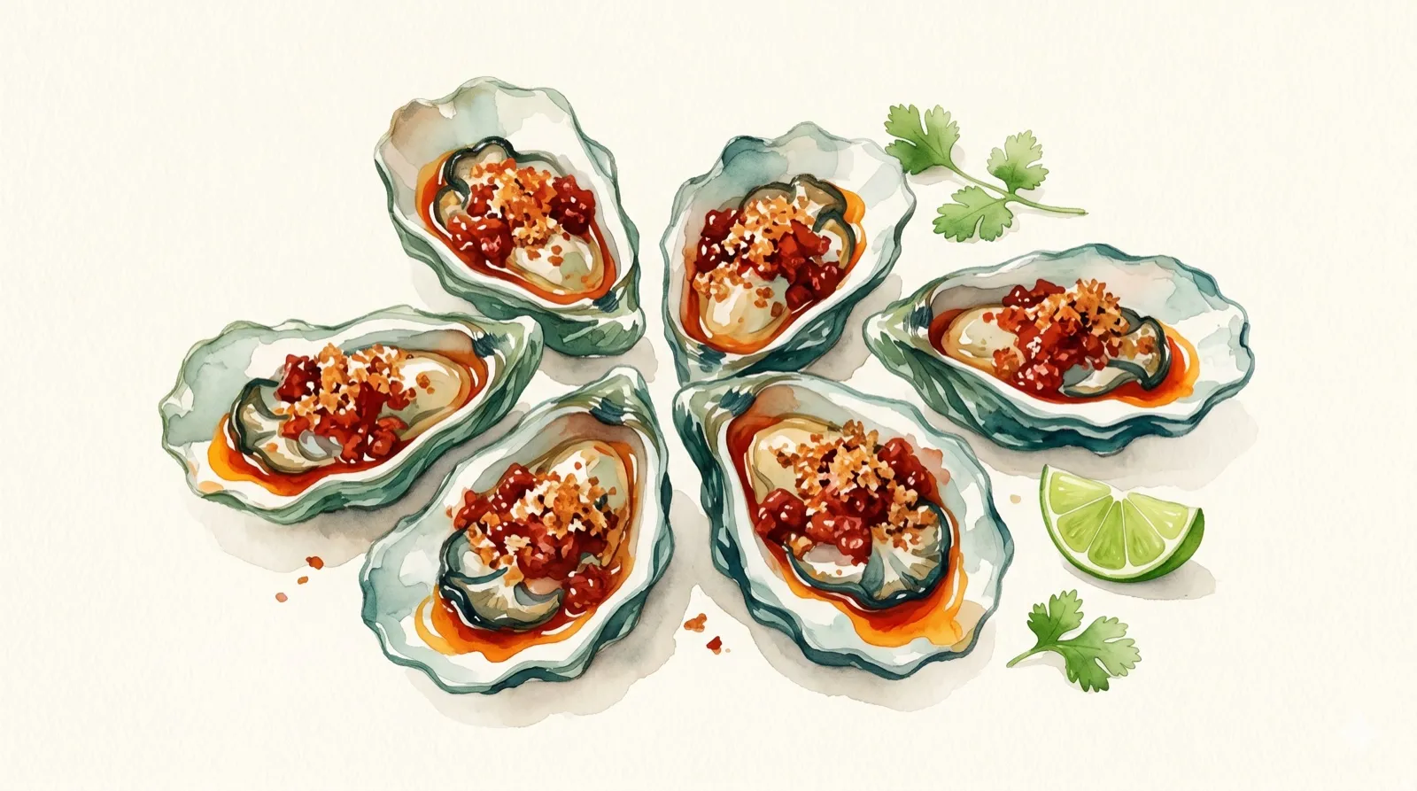 Illustration aquarelle : six huîtres garnies de chorizo doré, citron vert et coriandre