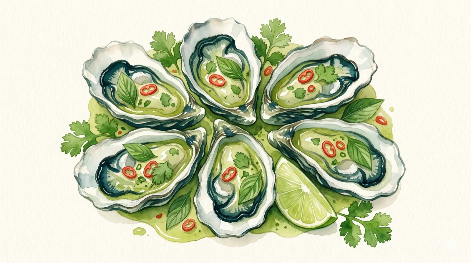 Illustration aquarelle : six huîtres au curry vert thaï, basilic, piment rouge et citron vert