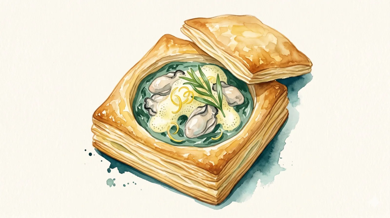 Illustration aquarelle : feuilleté carré ouvert avec huîtres, épinards crémeux, sabayon citronné et estragon