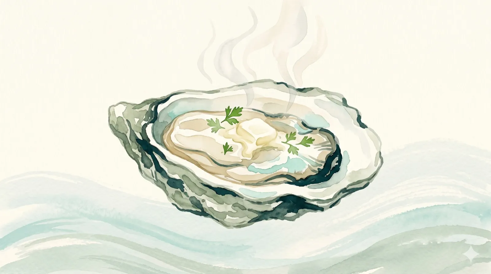 Illustration aquarelle d'une huître ouverte avec beurre fondant et persil, vapeur, vagues bretonnes