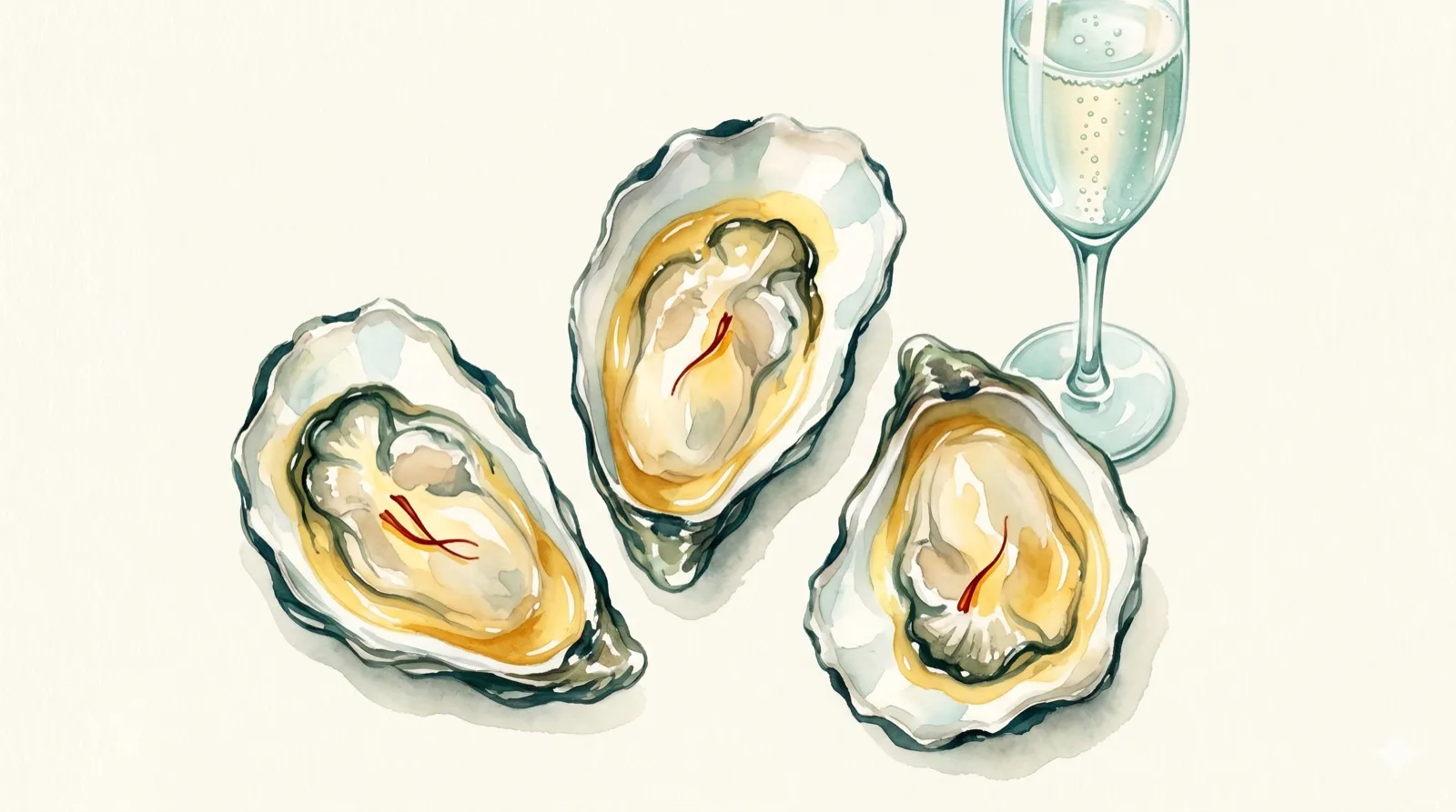 Illustration aquarelle : trois huîtres pochées au safran avec une flûte de champagne