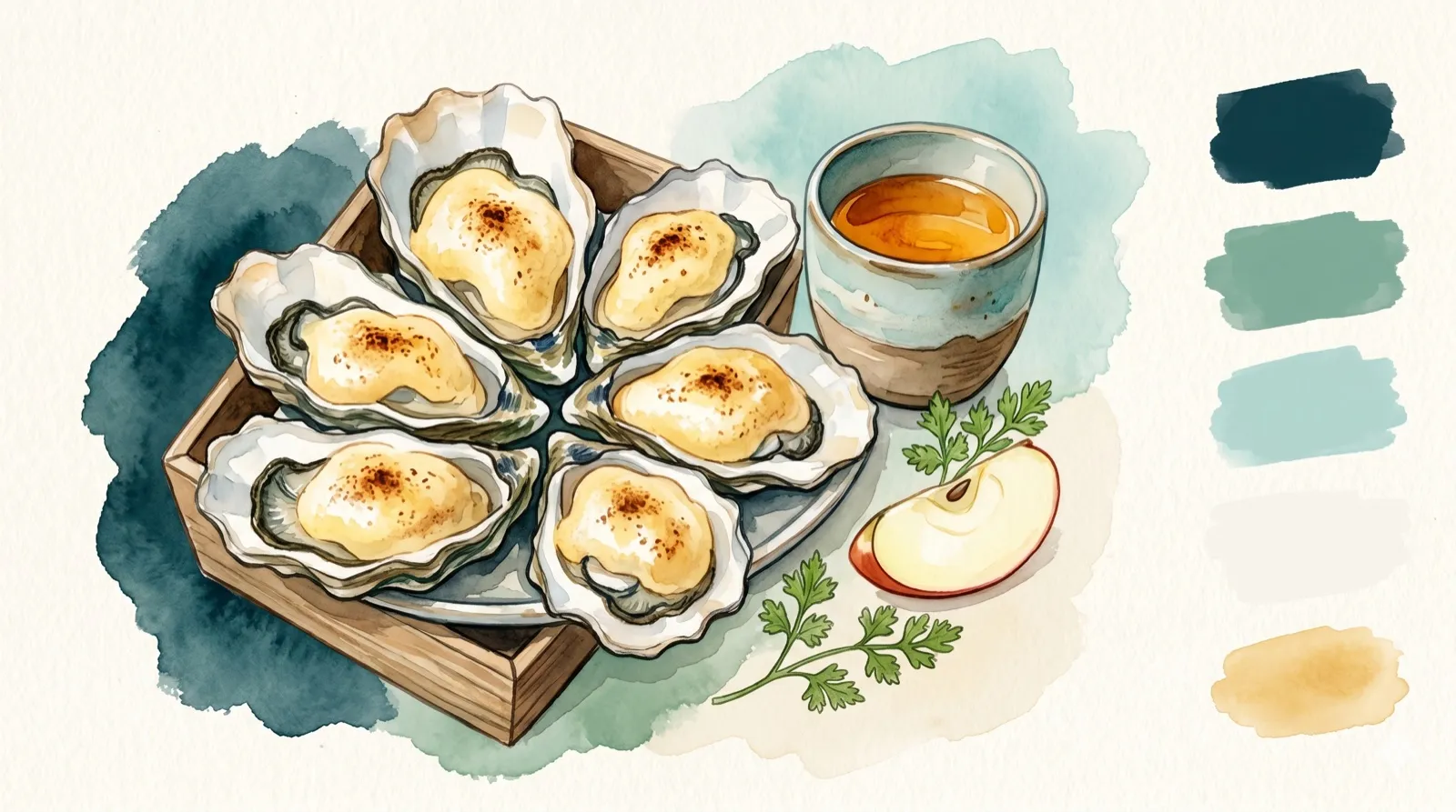 Illustration aquarelle : six huîtres au sabayon gratiné, tasse de cidre breton et pomme