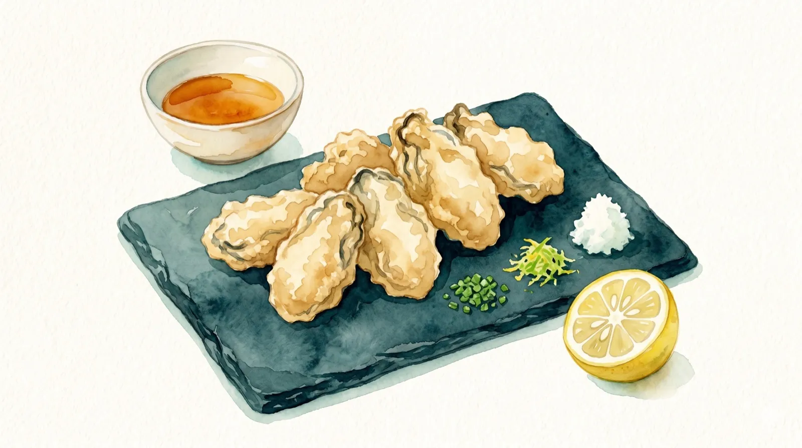 Illustration aquarelle : huîtres tempura dorées sur ardoise, sauce ponzu, daikon râpé et citron