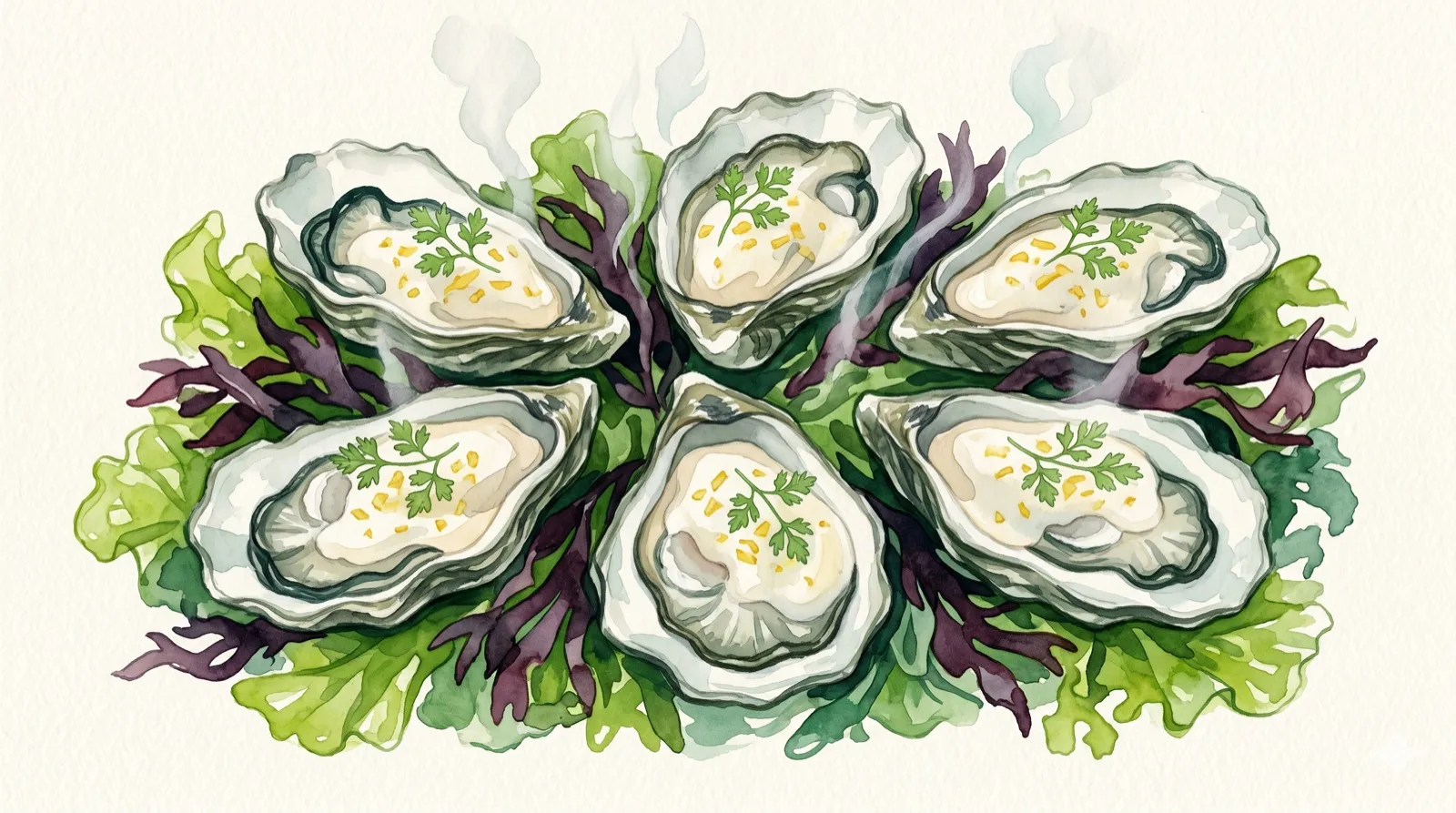Illustration aquarelle : six huîtres à la vapeur sur lit d'algues fraîches, beurre blanc nantais, zeste de citron confit et cerfeuil