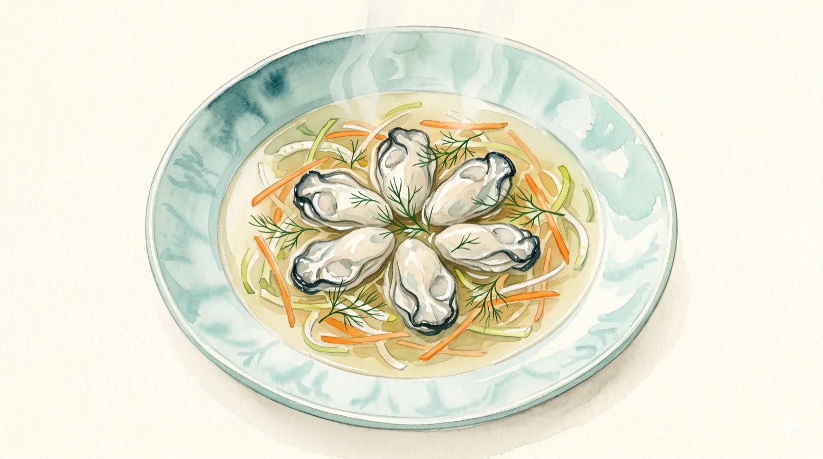Illustration aquarelle : six huîtres dans un bouillon clair, julienne de carotte-fenouil-poireau et aneth