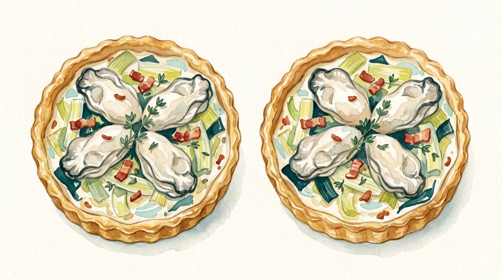 Illustration aquarelle : deux tartelettes individuelles aux huîtres, poireaux fondants et lard fumé